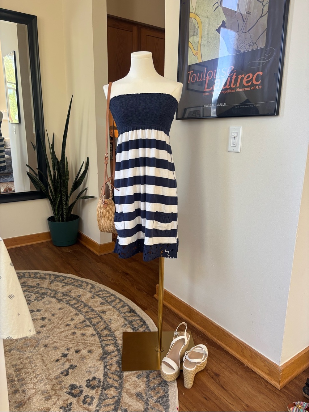 Abercrombie & Fitch Strapless Navy White Stripe Mini Dress Large